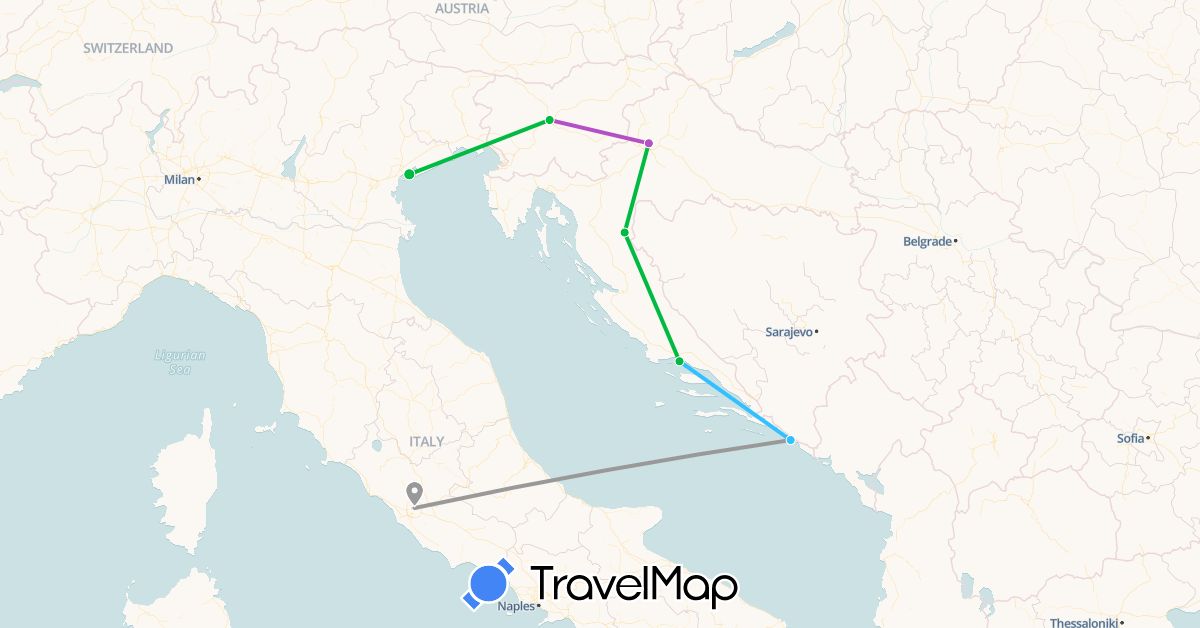 TravelMap itinerary: driving, bus, plane, train, boat in Croatia, Italy, Slovenia (Europe)